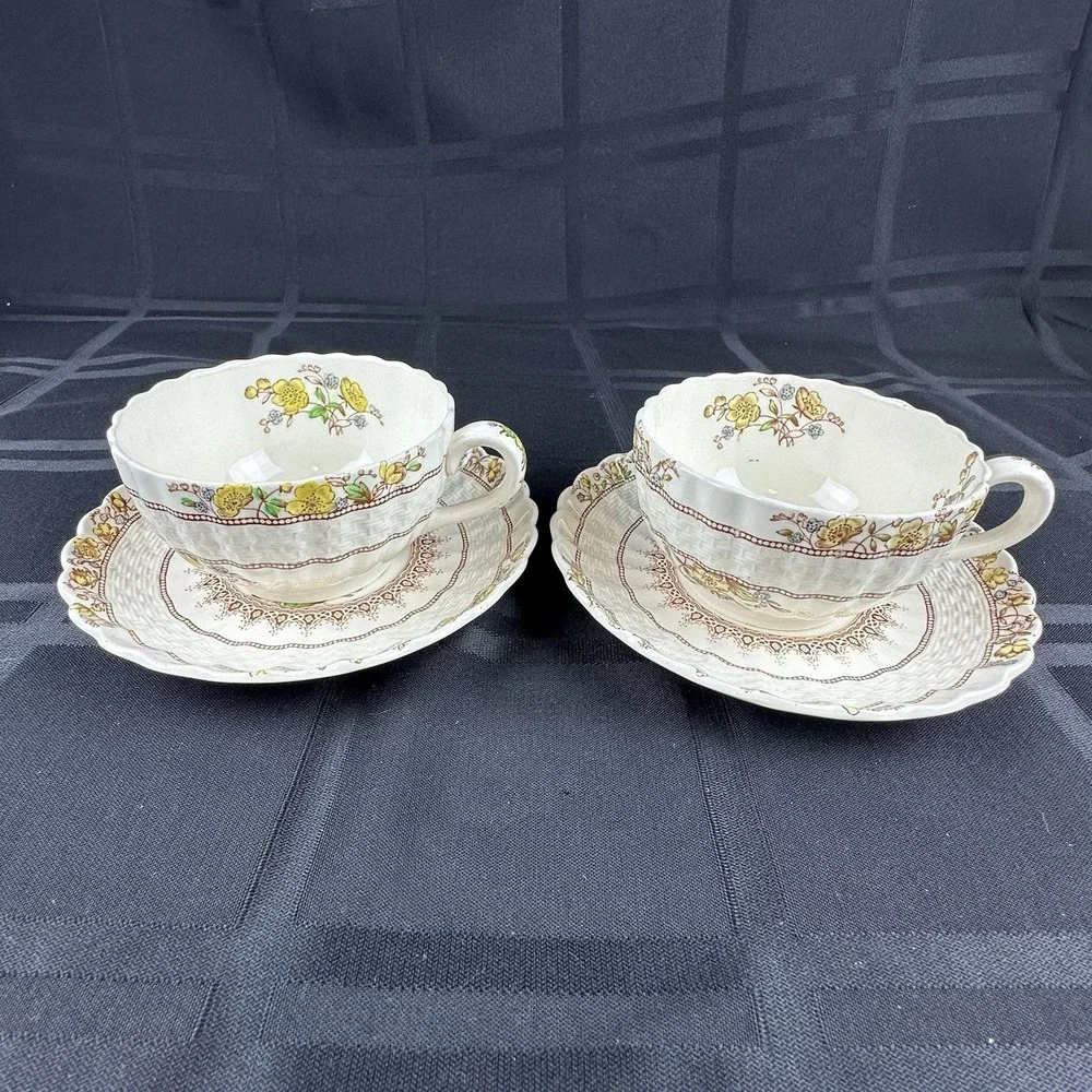 Copeland Spode England Buttercup Cups And Saucers‎ Lot Of 2 Sets Old Back Stamps
